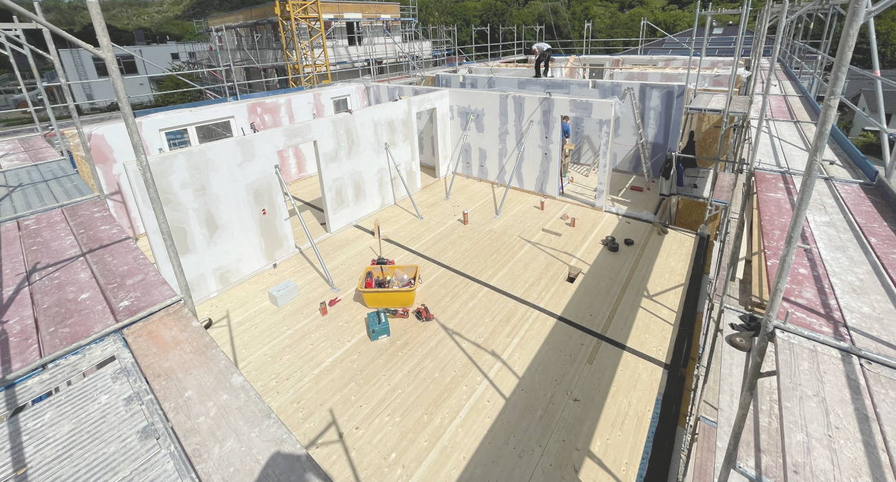 Montage der Wand- und Dachelemente auf der Baustelle