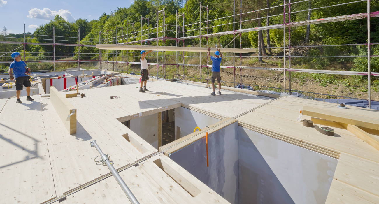 Montage der Wand- und Dachelemente auf der Baustelle